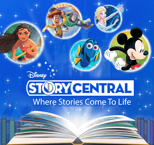 Logotipo de Story Central y libro abierto con personajes de Disney